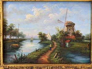 lot 184 image: Small Scenic Windmill Oil Painting in Gorgeous Ornate Frame