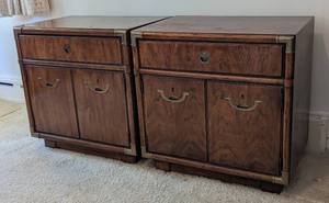 lot 188 image: Pair of Vintage 1970 Drexel Accolade Campaign Nightstands Entry Cabinet