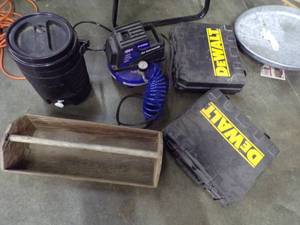 Air Compressor, Vintage Wood Tool Box, Igloo Water Cooler and 2 Dewalt Tool Boxes