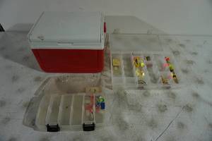 lot 126 image: Clear Plastic Tackle Boxes with Tackle, Plus Small Coleman Cooler