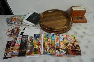 lot 183 image: Wood Lazy Susan plus Recipes and Magazines