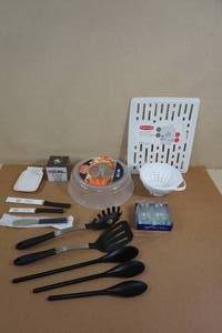 lot 61 image: Assorted Kitchen Utensils - Strainer, Sink Mat, Salt and Pepper Shakers