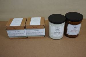 lot 65 image: 4 Begonia & Bench Candles Two 6 Oz Slate, 12Oz Peppercorn, 12Oz Amberwood