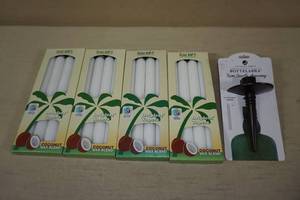 lot 121 image: Aloha Bay Dripless Taper Candles with Northern Light Bottelabra Taper Candle Holder