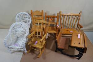 lot 145 image: Assorted Doll Furniture - Rocking Chairs, Wicker, Desk