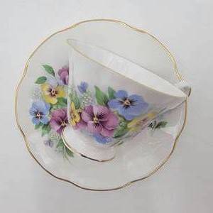 Gorgeous Vintage Royal Dover Tea Cup & Saucer England Fine Bone China Pansies Pansy Pink Yellow Purple (Resale Valued  $90)