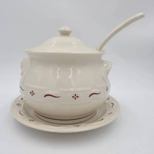 Vintage Tureen & Lid wLadle & Underplate Woven Traditions Red by Longaberger (Resale Value $210)