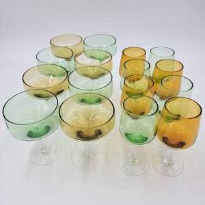 Vintage 16 Piece 1950s Mid-Century Modern Hand Blown Orange and Green Cordial & Gold and Green Champagne Glass Set (Resale Valued  $200)