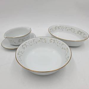 Vintage 3 Piece Elegant Noritake Duetto Gold & White Scrolls Border with Gold Trim Serving Set (Used Resale Value $165)