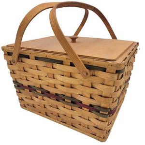 Vintage 1960s Wood Woven Picnic Basket With Grape & Eggplant Colored Accents