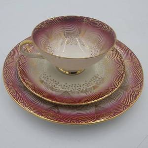 Elegant 1950s Winterling #18 Gold & Rose Bavaria (German State) Sammeltasse (3 Piece TeaCoffee cup & Saucer with Dessert Saucers)