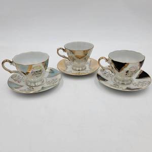 4 Stunning Mid-Century-Modern Japanese Fine China Hand-Painted Iridescent Footed Teacups and Saucers