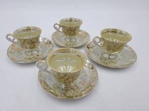 4 Vintage Mid-Century-Modern Regal Iridescent, Gold, Floral Teacups and Saucers-