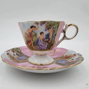 Extremely Rare Bathing Ladies L & M Royal Halsey Very Fine Hand Painted Teacup and Saucer with Gold Trim