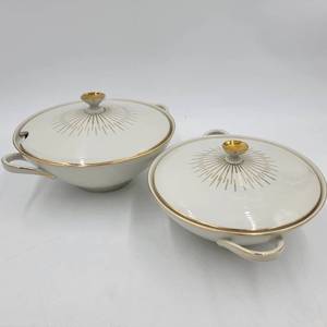 Extremely Rare Mid-Century-Modern Gold-Trimmed Bavaria China Starburst Soup Tureen and Covered Casserole
