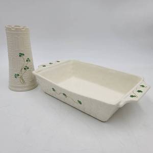 Rare Vintage Belleek Shamrock Castle Vase and 2 Quart Casserole (Valued  $260)