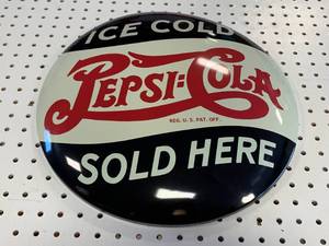 lot 93 image: PEPSI COLA OVAL METAL SIGN 16 INCH DIAMETER