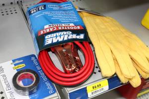 lot 648 image: Lot of (3) Shop Supplies (in original packaging) - Prime Guard Booster Cables, Electrical Tape, Shop Work Gloves