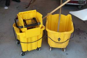 lot 710 image: Lot of (2) Rubbermaid, Tough Guy Mop Buckets with One Squeegee