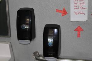 lot 862 image: Bathroom Contents - Wall-Mount Soap Dispensers, Wall Mount Paper Towel Dispensers, Trash Can