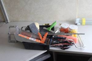 lot 917 image: Painting Supplies - Rollers, Tape, Trays, Mixer Blade, Caulk and Gun, Scrapers, Misc. Supplies