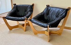 Pair of Hjellegjerde Mbler Chairs - Pair of Danish Mid Century Teak Frame Leather Sling Lounge Chairs