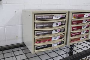 lot 341 image: Metal Parts Organizer Cabinet w Hardware - Spacers, Axle Bolts & Nuts, Snaps & Grommets