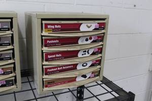 lot 342 image: Metal Parts Organizer Cabinet w Hardware - Pushnuts, Wing Nuts, Speed Nuts