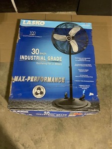 lot 50 image: Lasko Max Performance 30 in. Industrial Grade Oscillating Pedestal Fan with Wheels. See Pictures
