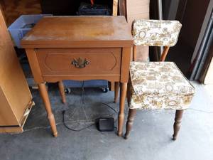 Sears Kenmore Cabinet Sewing Machine & Vintage Masland Sewing Chair With Accessory Case