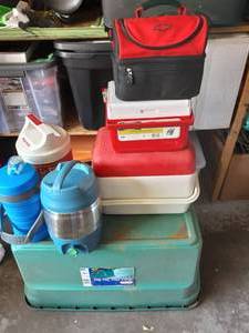 Assorted Coolers, Lunch Boxes, Beverage Dispensers-Includes 33 Gallon Tote