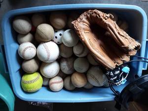 Tote Bin Full Of Softballs, Baseballs, Rubber Balls, Vintage Tony Conigliaro Glove & Misc.