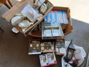 Box Lot Of Assorted Light Fixtures & Bulbs