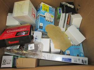 box of light bulbs and light fixtur...