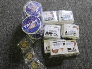 trump coins, stickers and drums ...