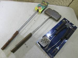 lot 114 image: (G-1) 3pc BBQ Tool Set and 2 Cast I...