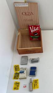Group Of Misc. Lighters , Cigar Box And Tobacco Tin