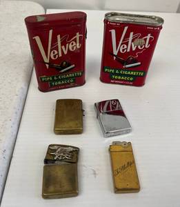 Group Of Misc. Lighters Including Brass Zippos And Tobacco Tins