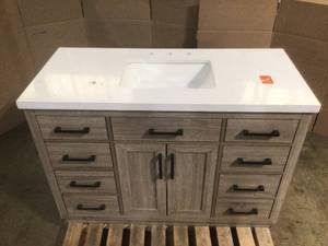 Pittsford 48 in. W x 21 in. D Vanity in Aged Grey with Ceramic Vanity Top in White with White Basin by Glacier Bay Slightly BBroken See Pictures