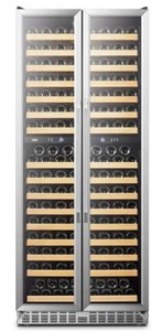 lot 329 image: Lanbo 32 in. Dual Zone 287-Bottle 2 Door Built-In or Freestanding Wine Cooler with Stainless Steel, LW328DD - Dented Bottom Front Grill. - WORKS WELL Sells for over $2500.00 Retail.