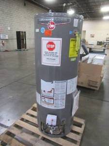 lot 320 image: Rheem Performance Platinum 50 Gal. Tall 12-Year 38,000 BTU Ultra Low NOx (ULN) Natural Gas Power Damper Tank Water Heater, XG50T12DU38U1 - Missing Damper, Control Panel cover, Previously Installed, Slight Dent..