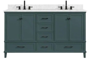 lot 335 image: Merryfield 61 in. W x 22 in. D x 35 in. H Bathroom Vanity in Antigua Green with Carrara Marble Top - Slight Cracks in Paint.