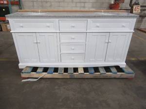 lot 332 image: Fremont 72 in. W x 22 in. D Double Vanity in White with Granite Vanity Top in Grey with White Basin, MD-V1792.