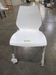 lot 369 image: Flash Furniture Hercules Series 770 lb. Capacity White Stack Chair with Lumbar Support and Silver Frame, RUT288WH.