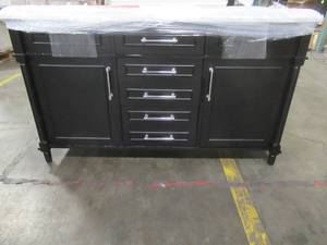 lot 376 image: Aberdeen 60 in. W x 22 in. D Vanity in Black with Carrara Marble Top with White Sinks - Cracked Top, Broken Basin. Center Bottom Drawer sticks.