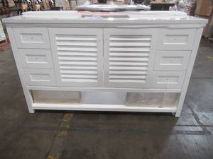 lot 377 image: Grace 60 in. W x 22 in. D Bath Vanity in White with Cultured Marble Vanity Top in White with White Basins - Very small Chip on Front RH Front Corner.