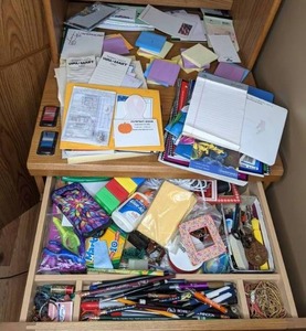 lot 91 image: Collection of Office Supplies Spiral Notebooks, Writing Utensils, Glue, Post-Its, Rubber Bands and More