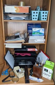 lot 92 image: Large Collection of Office Supplies Desktop Organizers, Canon Printer Ink, New Pkgs. Writing Paper, and Much More
