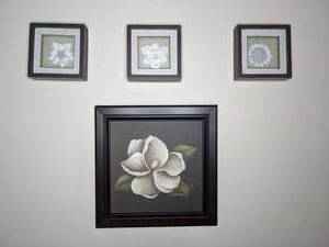 lot 86 image: Lot of 4 Floral Art Pieces One Magnolia Print, Three 3-D Framed Floral Pieces