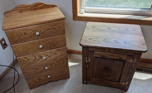 lot 61 image: Five-Drawer Chest of Drawers and White Clad Icebox Reproduction Oak End TableNightstand